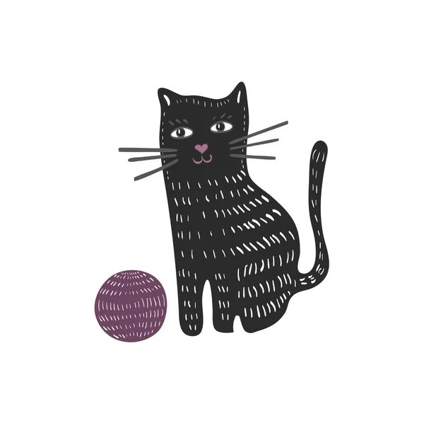 Doodle gatto e palla di filato — Vettoriale Stock