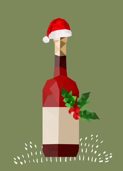 Origami wine bottle with christmas hat — Stock Vector