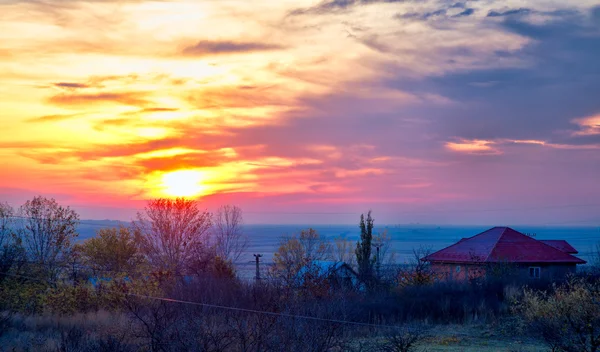 Sunrise over Stanca village in Romania — Stock Photo, Image