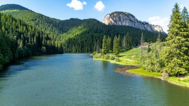 Aerial view summer landscape of the Red Lake in Harghita County. Romania.