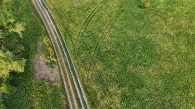 Yaz aylarında Romanya 'nın Iasi kenti yakınlarındaki Dobrovat açıklıklarının insansız hava aracı görüntüsü, sıcak akşam ışığında açık bir çayırda araba izleri gösteriyor..