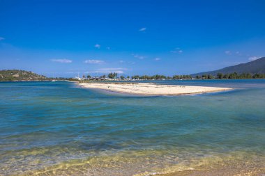 Yunanistan, Sithonia 'da kumsalları, sığ gölü ve turkuaz suyu olan Fteroti Sahili. Kıyı Akdeniz manzarası.