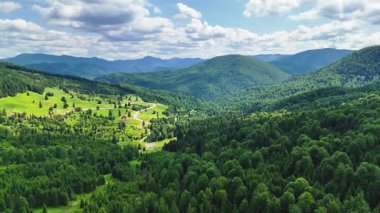 Romanya 'nın Karpat Dağları' ndaki Musat Geçidi 'nden geçen, çam ormanları, yeşil tepeler ve güneşli bir günde yaz bulutlarıyla çevrili bir hava aracı videosu..