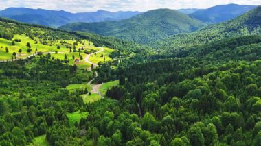 Romanya 'nın Karpat Dağları' ndaki Musat Geçidi 'nden geçen, çam ormanları, yeşil tepeler ve güneşli bir günde yaz bulutlarıyla çevrili bir hava aracı videosu..