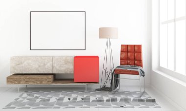 Şifoniyerli modern iç mekan. Poster maketi. 3d illüstrasyon.