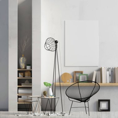 İç tasarım çağdaş tarzda. Posteri düzenle. 3B illüstrasyon.