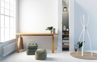 İç tasarım çağdaş tarzda. Duvarı düzenle. 3B illüstrasyon.