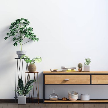 Raflarla ve bitkilerle modern iç mimari. Duvar modeli. 3d illüstrasyon