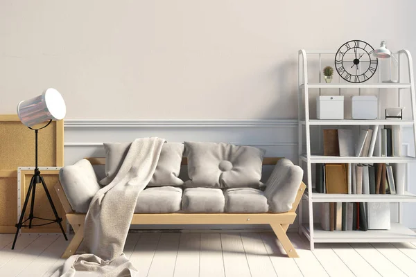 Modern Interieur Met Rek Bank Wandmodel Omhoog Illustratie — Stockfoto