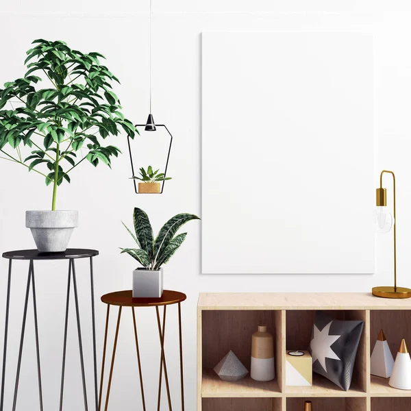 Modern interior with rack and plant.Poster mock up. 3d illustration