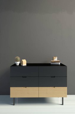 Raflarla ve bitkilerle modern iç mimari. Duvar modeli. 3d illüstrasyon