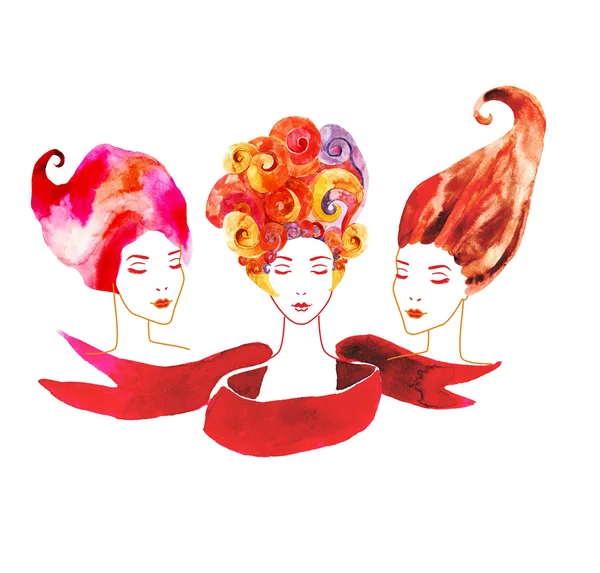 Three watercolor girl with different hairstyles — Stock Vector
