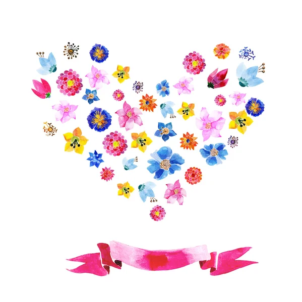 Corazón de acuarela flores coloridas — Archivo Imágenes Vectoriales