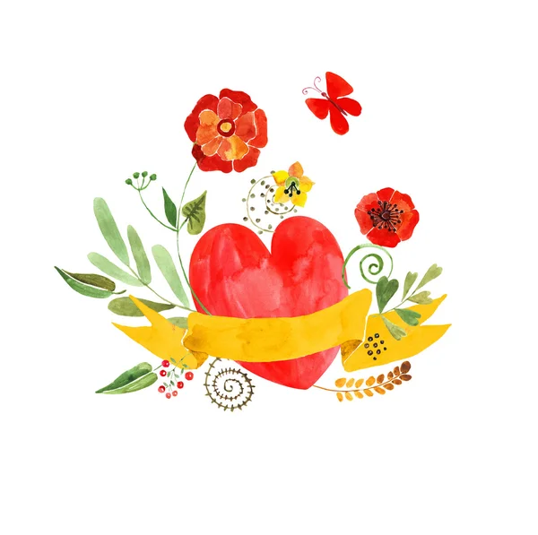 La composición de los corazones de acuarela, flores y cintas — Vector de stock