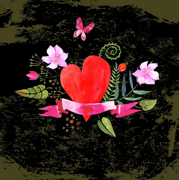 Состав акварельных сердец, цветов и лент — стоковый вектор