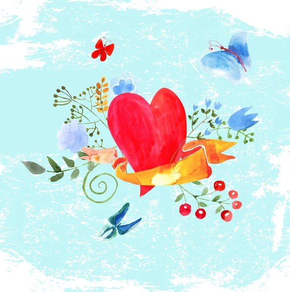 La composición de los corazones de acuarela, flores y cintas — Vector de stock