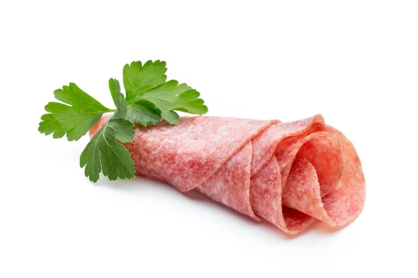 Sausage slices isolated on white background cutout. — Stock Photo, Image