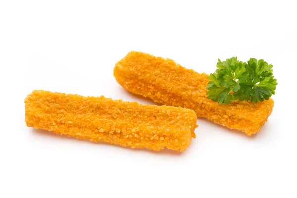 Frozen bread crumbed fish fingers on white. — Stock Photo, Image