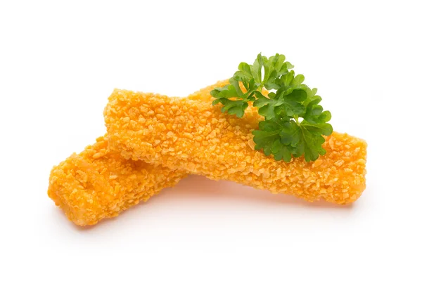 Frozen bread crumbed fish fingers on white. — Stock Photo, Image