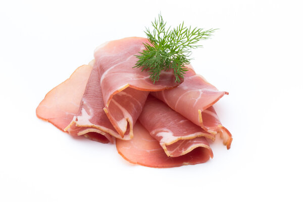 Slices of ham on white background.