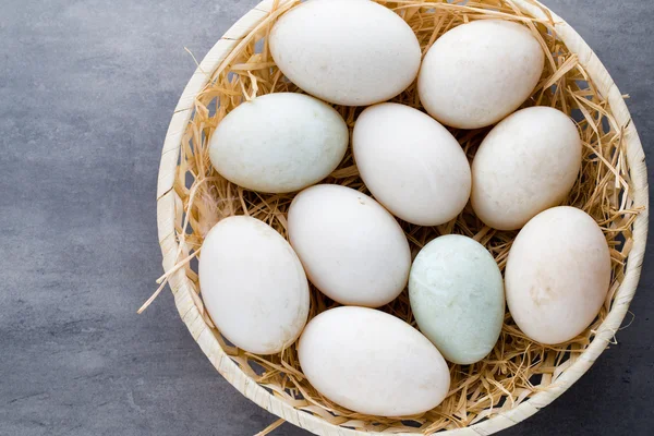 Huevos de pato sobre un fondo gris jaula. —  Fotos de Stock