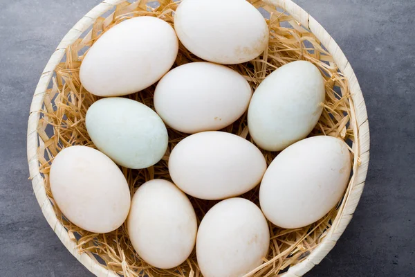 Huevos de pato sobre un fondo gris jaula. —  Fotos de Stock