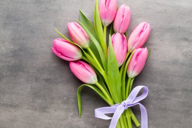 Lale pembe-gri arka plan üzerinde.