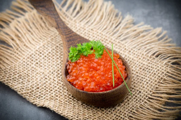 Lachskaviar mit Löffel auf grauem Hintergrund. — Stockfoto