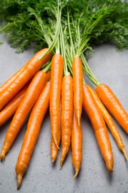 Gri arka planda taze havuçlar.