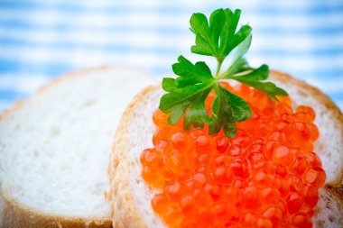 Ekmek taze krem peynir ve masada kırmızı havyar ile.