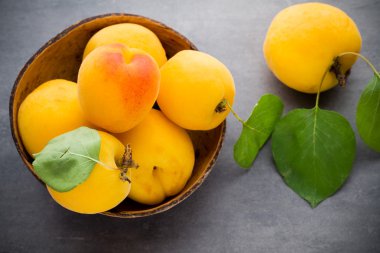 Köy arka planında ahşap kasede taze kayısılar..