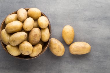 Kase, gri arka plan üzerinde yeni patates.