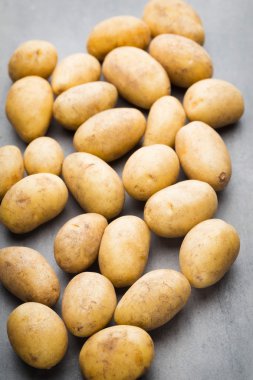 Kase, gri arka plan üzerinde yeni patates.