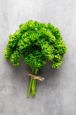 Gri metal yüzeyde yeşil, taze maydanoz.