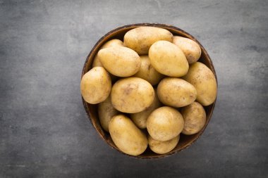 Kase, gri arka plan üzerinde yeni patates.
