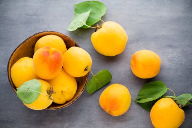 Köy arka planında ahşap kasede taze kayısılar..