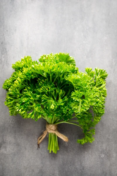 Green, fresh parsley on gray metal surface. — Stock Photo, Image