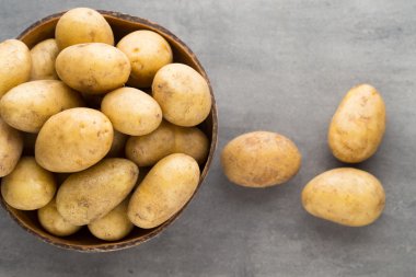 Kase, gri arka plan üzerinde yeni patates.