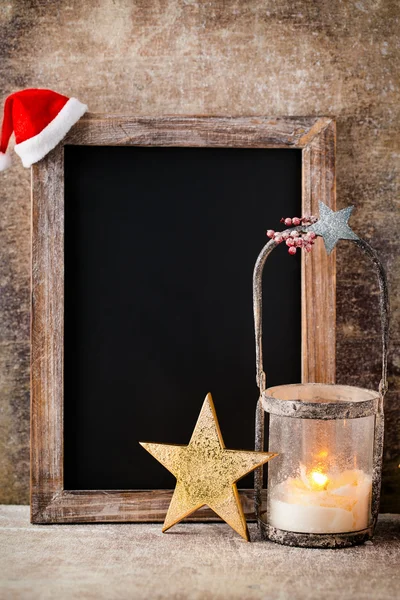 Quadro de Natal com decoração. Papai Noel, estrelas, Madeira — Fotografia de Stock