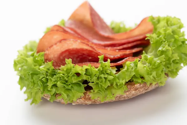 Sandwich Con Salsiccia Salame Sfondo Bianco — Foto Stock