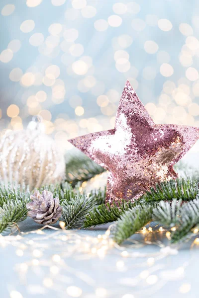 Christmas Spruce Star Blurred Shiny Lights — Stock Photo, Image