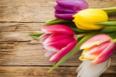 Ahşap bir yüzeyde laleler. Stüdyo fotoğrafçılık.