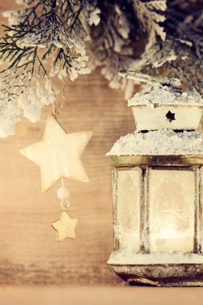 Lanterna Fundo Nevado Decoração Natal Cena Natal — Fotografia de Stock