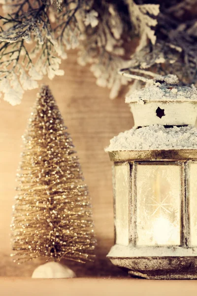 Lanterna Fundo Nevado Decoração Natal Cena Natal — Fotografia de Stock