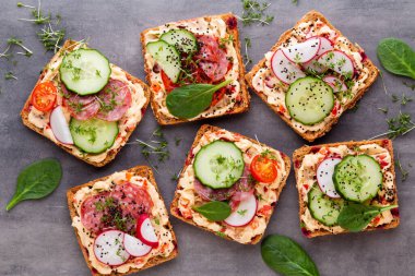 Krem peynirli, sebzeli ve salamlı sandviç. Salatalıklı sandviçler, turp, domates, gri arka planda salam, üst manzara. Düz yatıyordu.