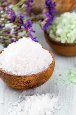 Doğal deniz tuzlu spa seti. Salon tedavisi daveti için spa konsepti veya şablonu. 