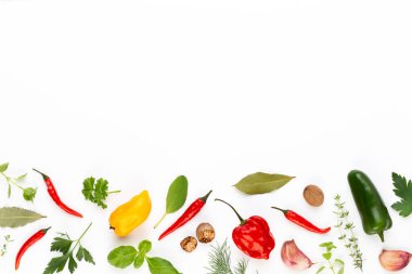 Baharatlı bitkisel yapraklar ve beyaz arka planda kırmızı biber. Sebze deseni. Çiçekler ve sebzeler beyaz arka planda. Üst manzara, düz uzanma.