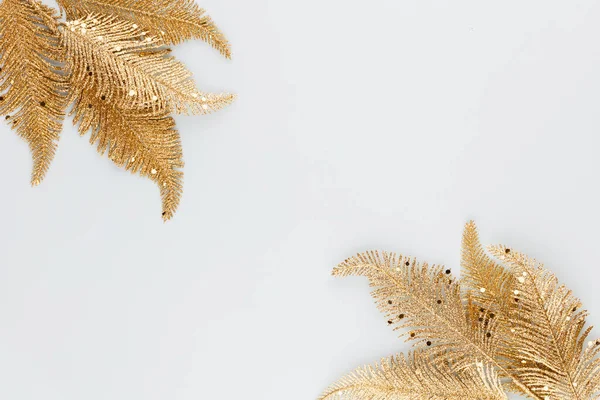  Mavi arka planda altın palmiye yaprağı. Palmiye yaprağı, düz ve üst görünüm.