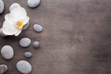 Gri arkaplanda spa taşları ve beyaz orkide.