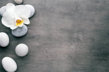 Gri arkaplanda spa taşları ve beyaz orkide.
